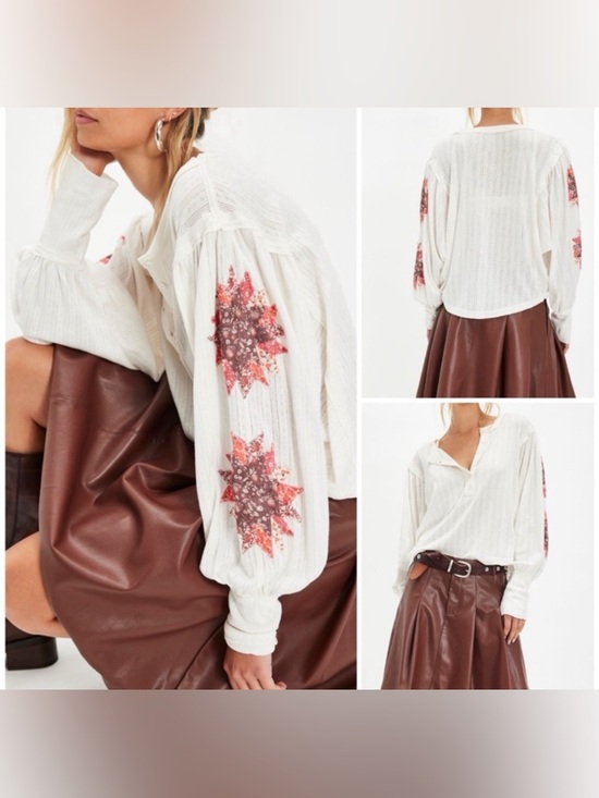 Free People Tops - NWT Free People Quinn Quilt Cuff Henley Clean Ivory Combo - Small, medium, large